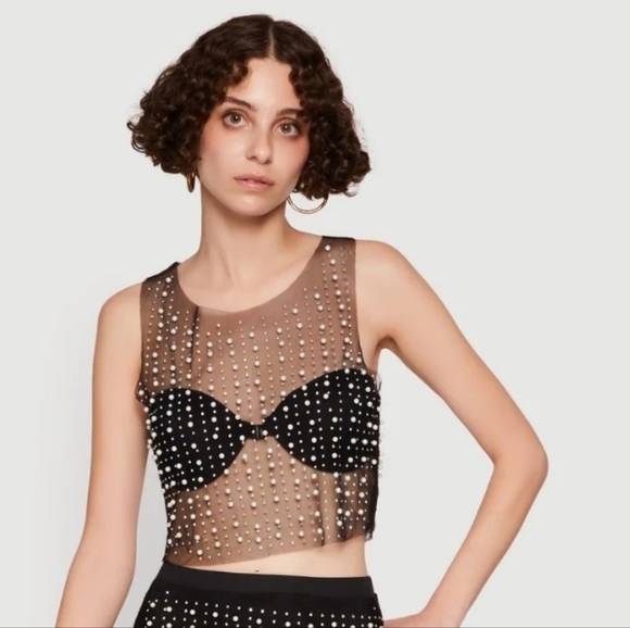 Embellished Sheer Black Crop Top - Picture 1 of 5